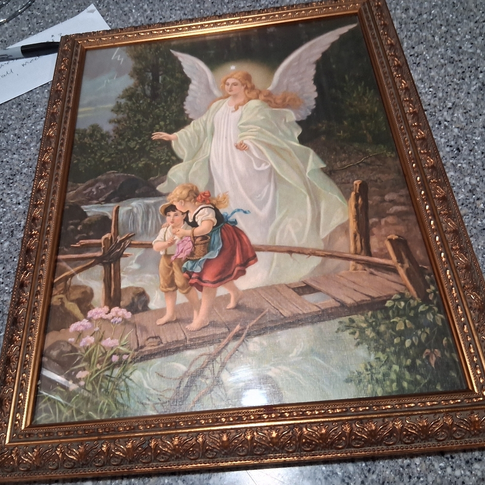 VTG Guardian Angel on  Bridge Watching Over 2 Children.Orginal Gold Frame 14x11"